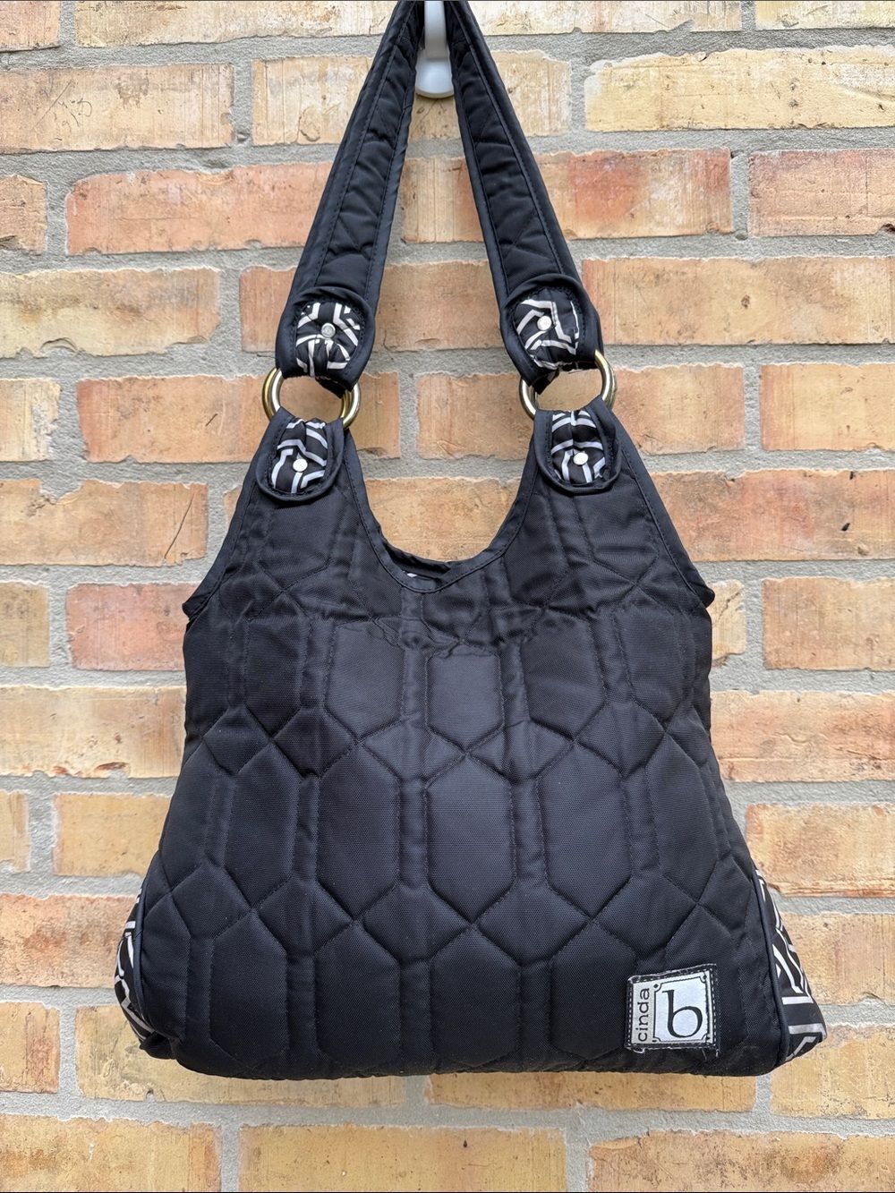 Large Cinda B Quilted Black Nylon Shoulder Bag CarryAll Shopper Purse Travel